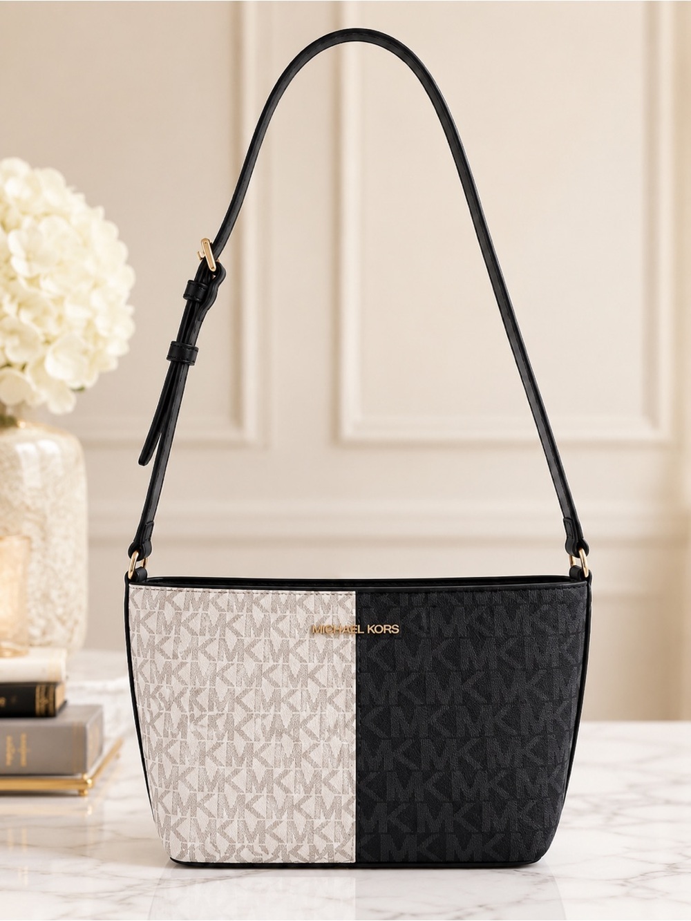 Michael Kors Jet Set Black Cream MK Signature Logo Shoulder Crossbody Bag